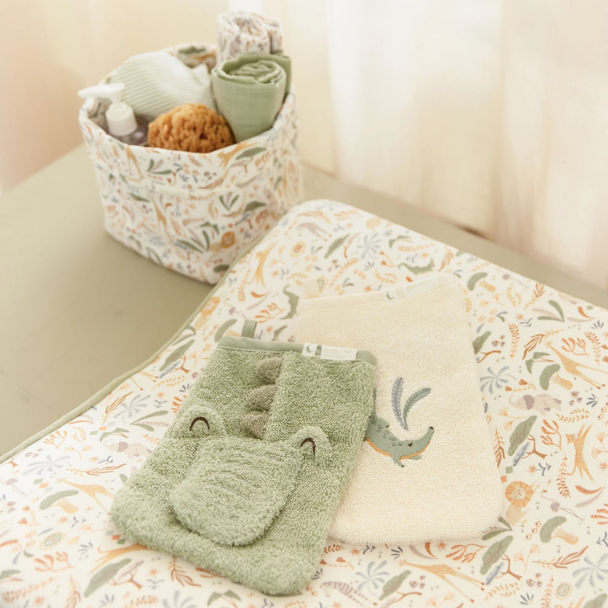 Little Dutch Washandjes Set Krokodil groen, de twee washandjes naast elkaar