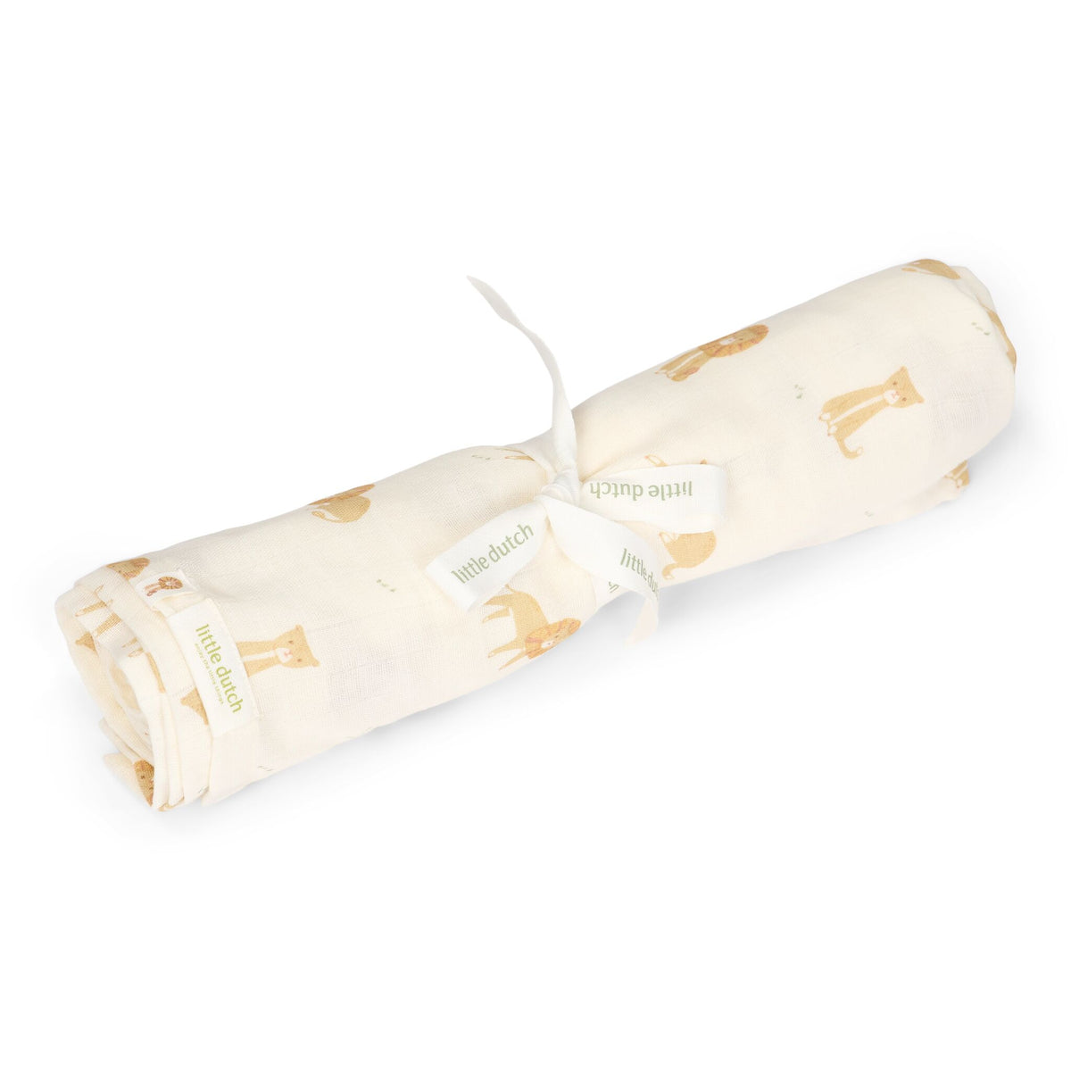 Little Dutch Swaddle Hydrofiele Doek Safari Leo, de hydrofiele doek uitgevouwen met leeuwenprint