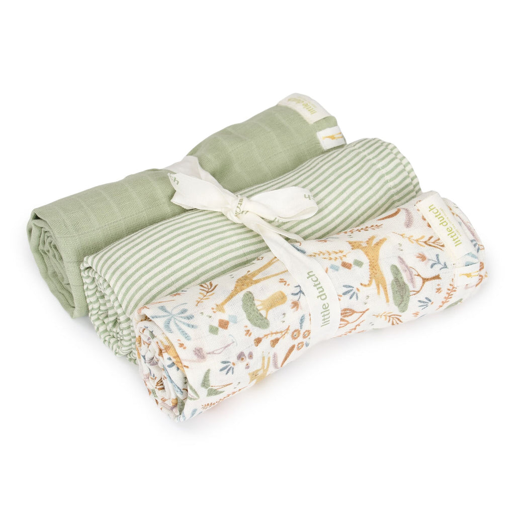 Little Dutch Swaddle Set 3-pack Safari Wonders groen, de drie doeken van de set naast elkaar