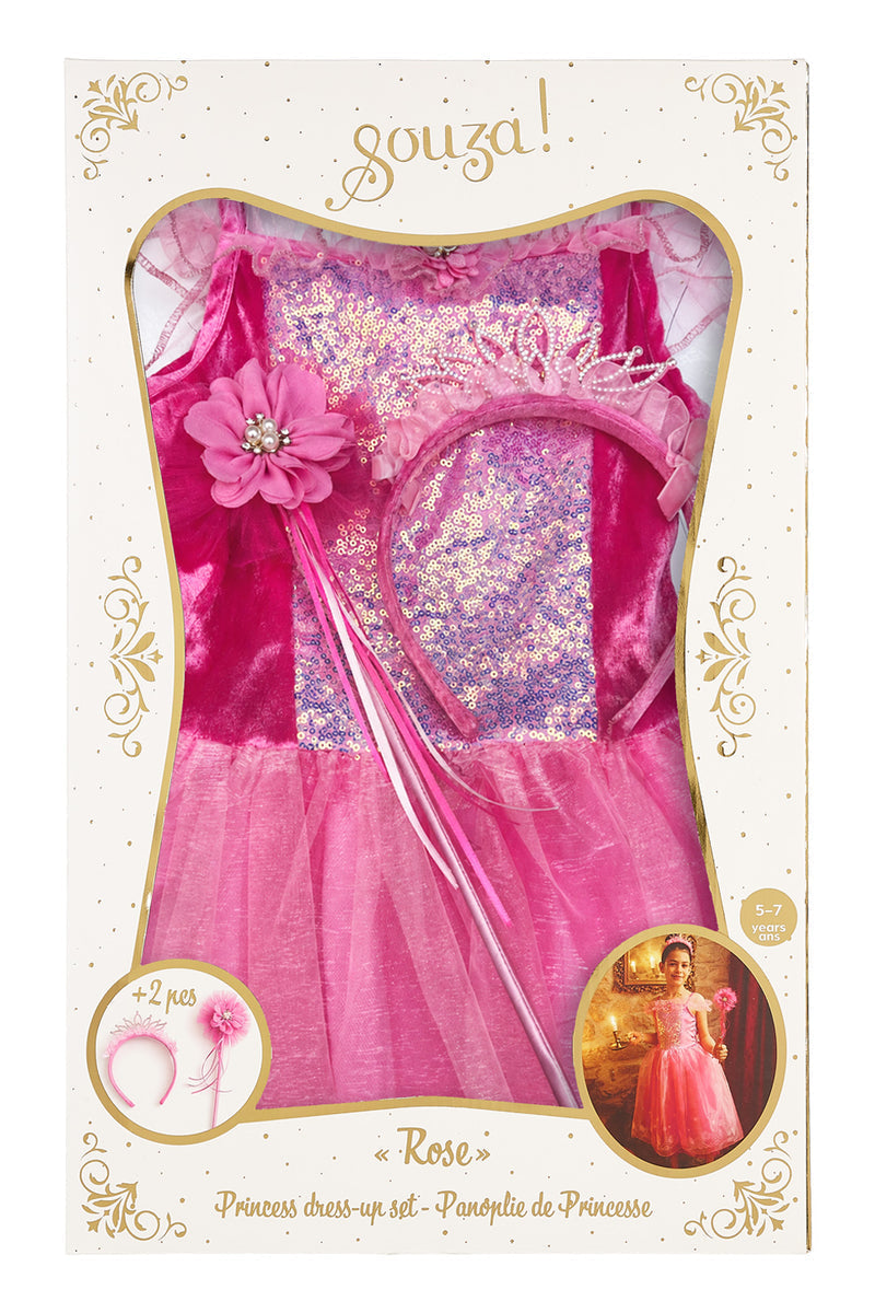 Souza Prinsessen Verkleedset Rose Roze Geschenkdoos, roze jurk met pailletten, tiara en toverstaf