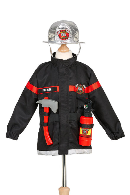 Souza Brandweerman Verkleedset Rood met Helm en Bijl, zwarte brandweerjas met zilveren helm