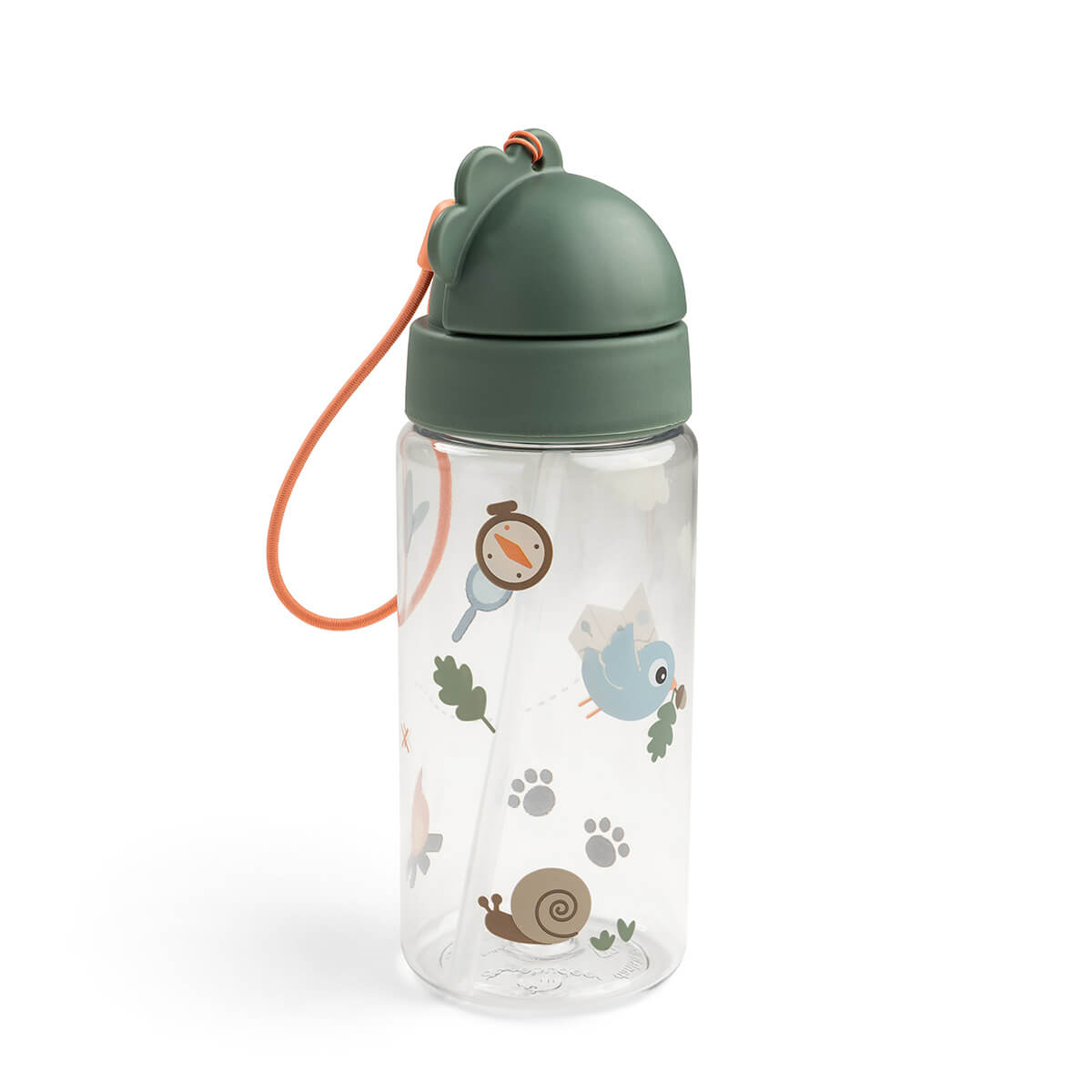 Done By Deer drinkfles met rietje Tiny Trails Green, slanke fles met slakje en kompas