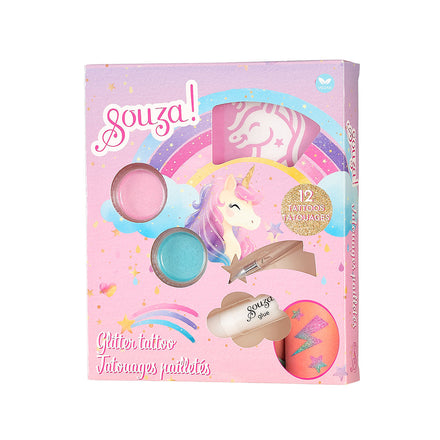 Souza Glitter Tattoo Set Unicorn, verpakking met eenhoorn op roze achtergrond