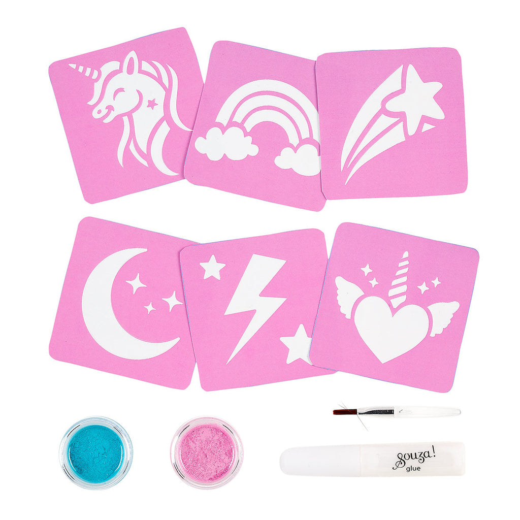 Souza Glitter Tattoo Set Unicorn, roze sjablonen met glitter en stift