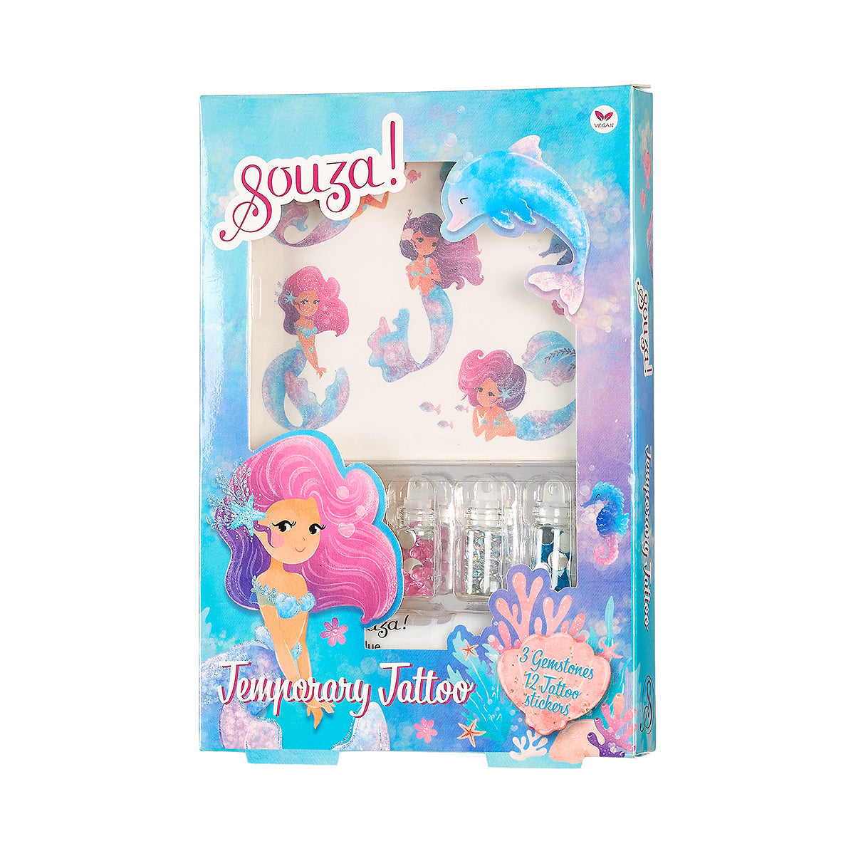 Souza Glitter Tattoo Set Mermaid Zeemeermin, verpakking met zeemeerminnen en dolfijn