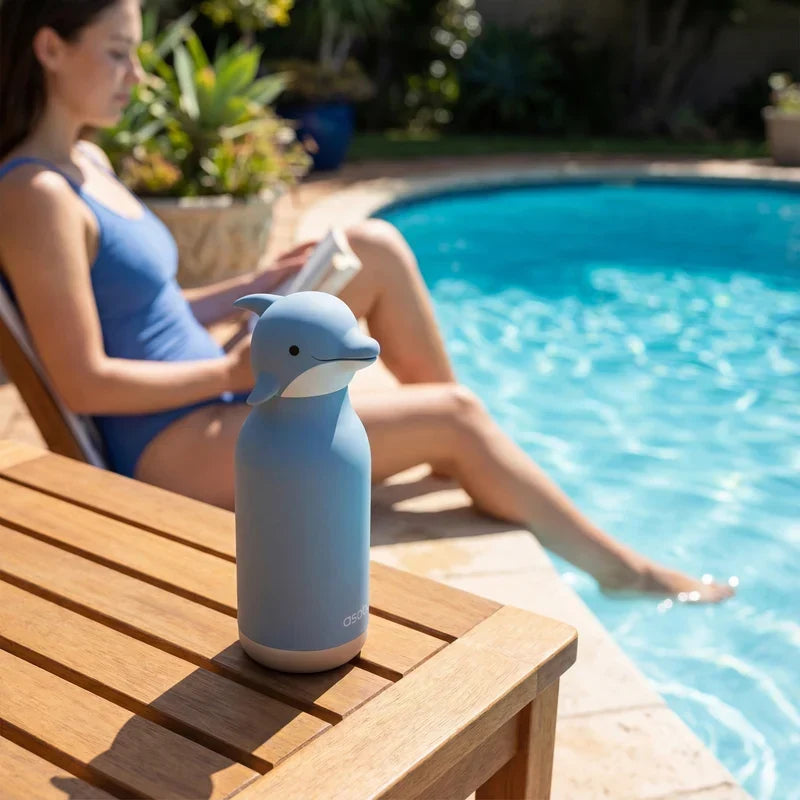 Asobu Bestie Bottle Dolphin blauw met flexibel rietje en lekvrije schroefdop