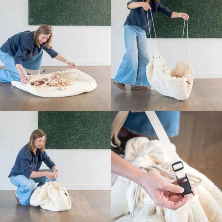 Play&Go Beige Oat Teddy speelkleed opgehangen aan de schouderband als draagtas