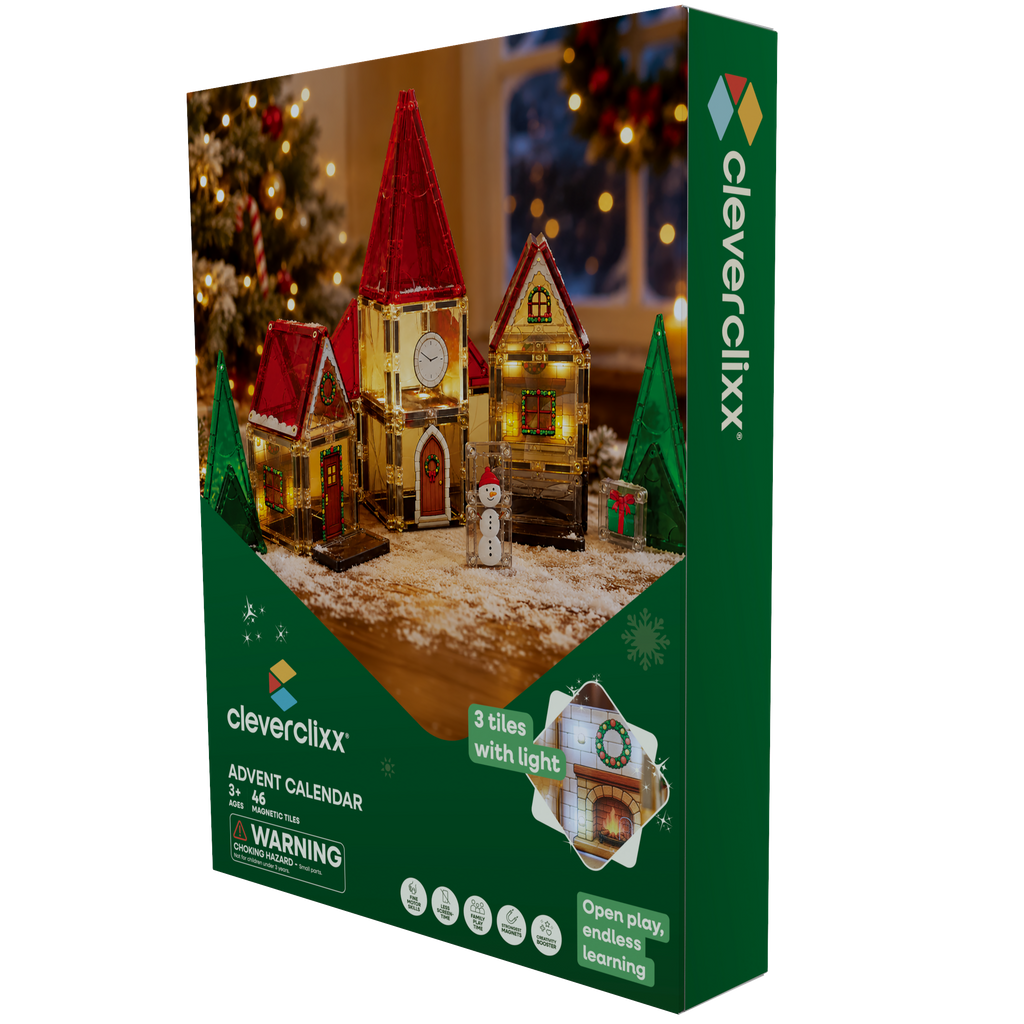 Cleverclixx Christmas Village Advent Calendar met 46 magneettegels achter 24 deurtjes, De Gele Flamingo