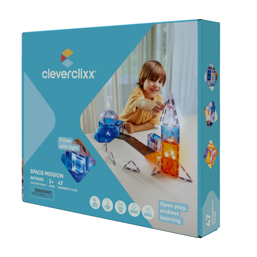 Cleverclixx Space Mission Pack met 47 magnetische bouwtegels in ruimtethema, De Gele Flamingo