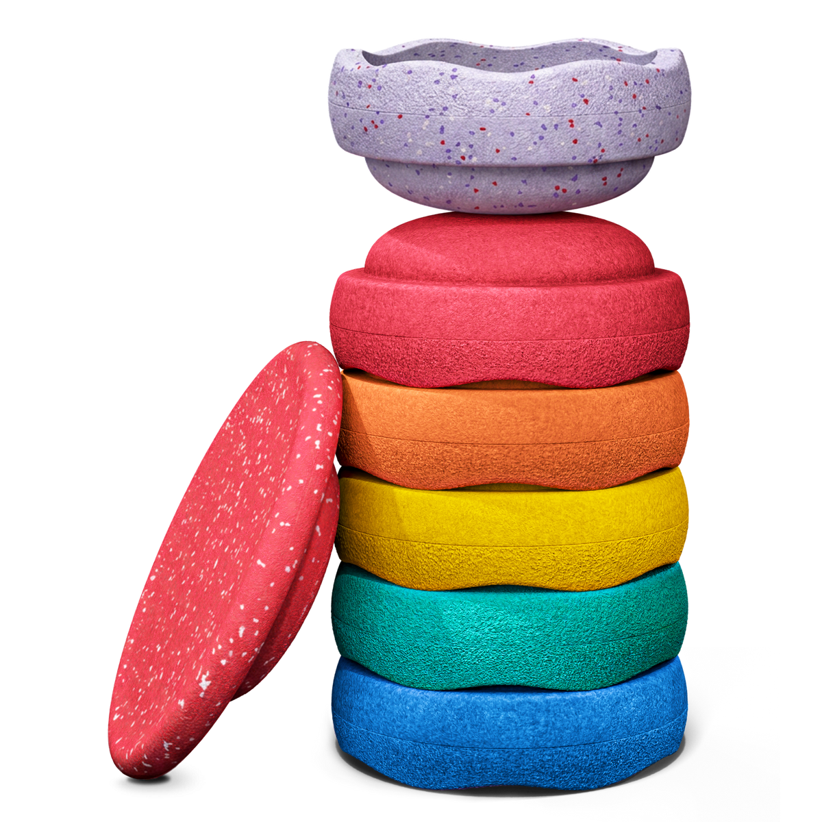 Stapelstein Winter Special Rainbow Set Classic, zes regenboogstenen gestapeld naast het rode board