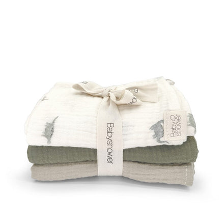 Babyshower Hydrofiele Doekjes 3-Pack Dino, de drie doekjes op witte achtergrond