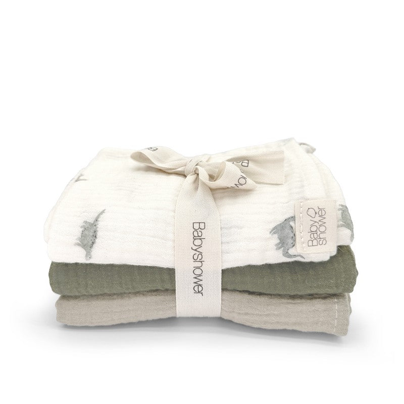 Babyshower Hydrofiele Doekjes 3-Pack Dino, de drie doekjes op witte achtergrond