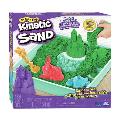 Kinetic Sand Zandbak-Set met 454 g groen speelzand, 4 vormpjes en gereedschap bij De Gele Flamingo