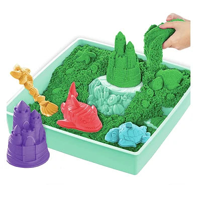 Kinetic Sand Zandbak-Set met 454 g groen speelzand, 4 vormpjes en gereedschap bij De Gele Flamingo