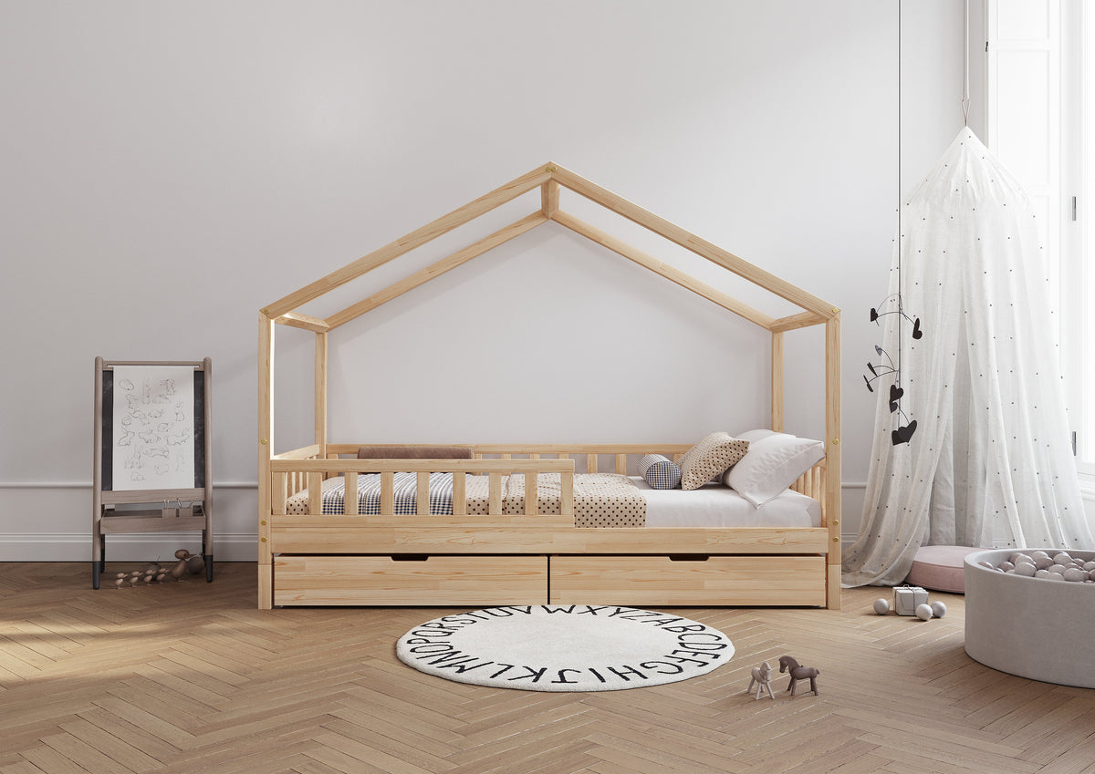 De Gele Flamingo bedhuisje Amsterdam met lades, kinderbed in huisvorm van grenen