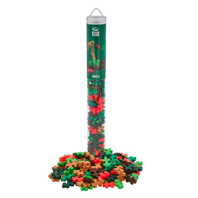 Plus-Plus Tube Jungle met 100 bouwsteentjes in groene, bruine en koraalrode jungletinten bij De Gele Flamingo