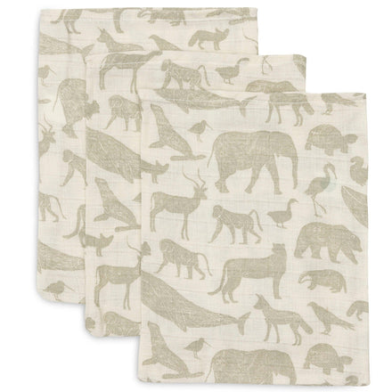 Jollein Set 3 Hydrofiele Washandjes | Animals Olive Green