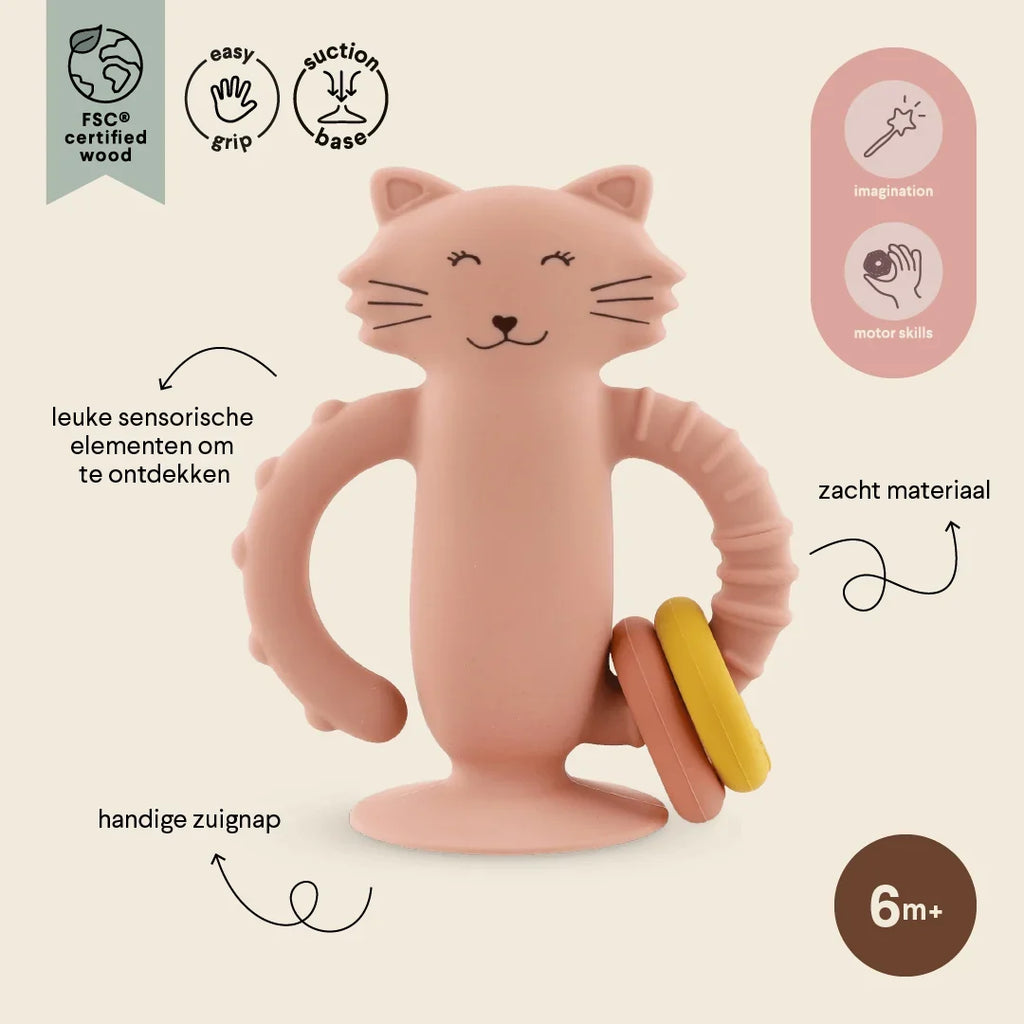 De Gele Flamingo verkoopt het Trixie sensorisch babyspeelgoed Mrs. Cat met zuignap, geschikt vanaf de geboorte.
