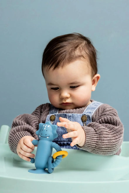 Trixie Babyspeelgoed Mr. Triceratops met kleurrijke ringen en structuren om te voelen, bij De Gele Flamingo.