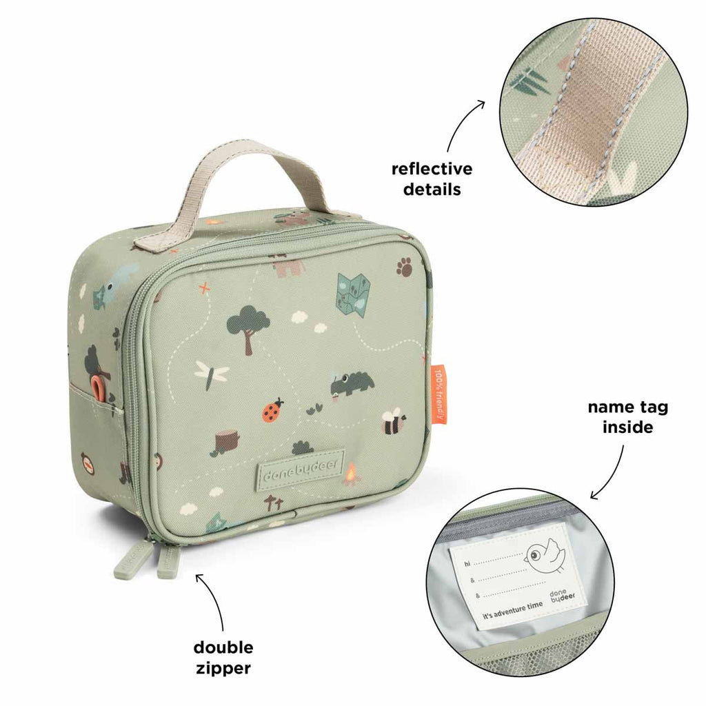 Draaglus met reflecterend stiksel van de groene Done By Deer lunchtas