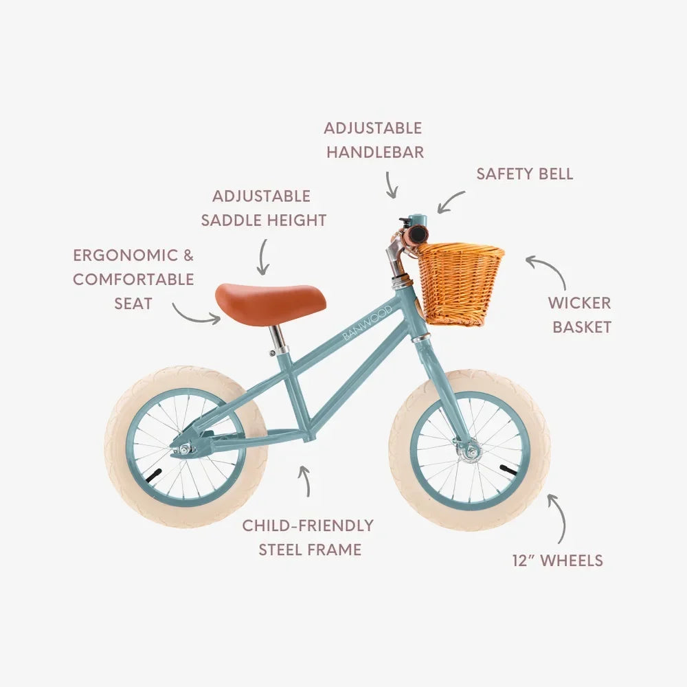 Klassiek retro design van de Banwood First Go loopfiets in Teal, ideale eerste fiets, De Gele Flamingo