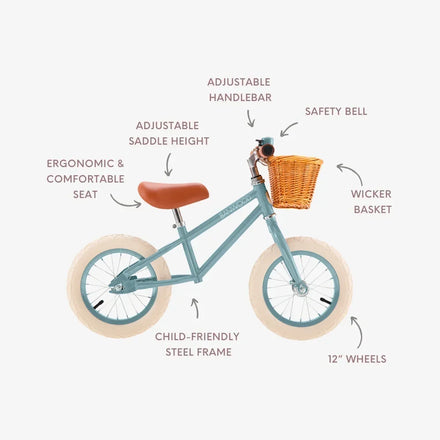 Klassiek retro design van de Banwood First Go loopfiets in Teal, ideale eerste fiets, De Gele Flamingo