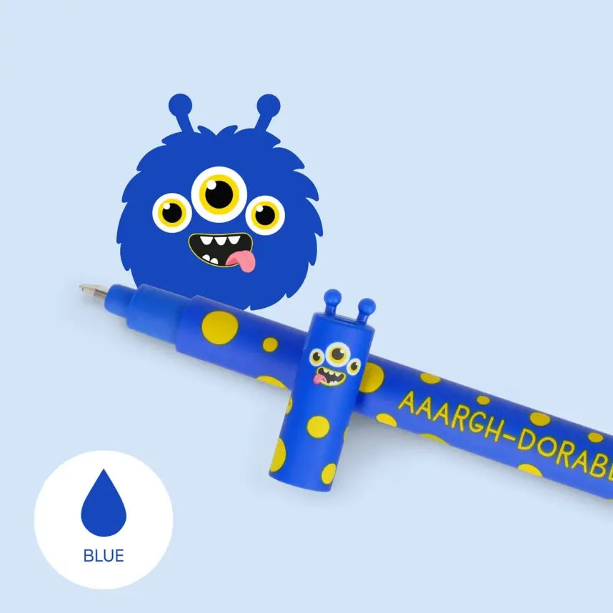 Monsterfiguur op de Legami Erasable gelpen met blauwe uitwisbare inkt voor school