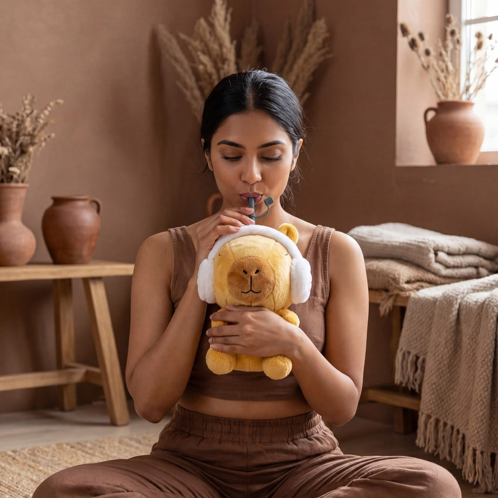 Asobu Fuzzie Capybara knuffel drinkbeker in gebruik met rietje