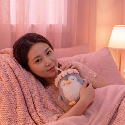 Asobu Fuzzie Pinguïn knuffel drinkbeker in gebruik met rietje