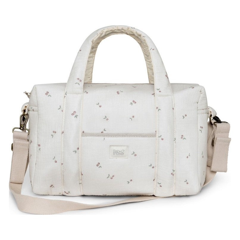 Babyshower buggytas High Park Cherries, ecru gewatteerde tas met kersjesprint