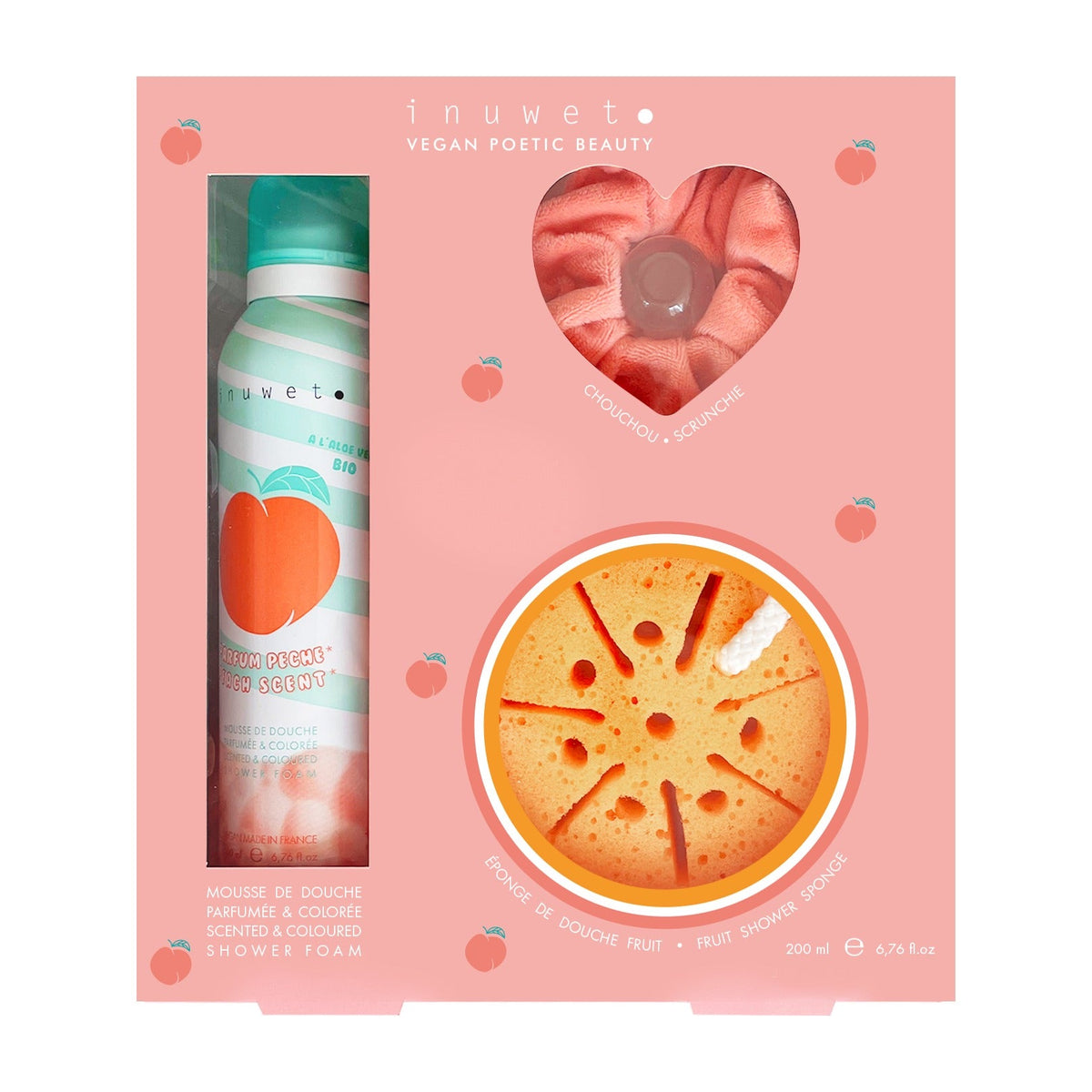 Inuwet badset Bubble Peach in cadeauverpakking op witte achtergrond