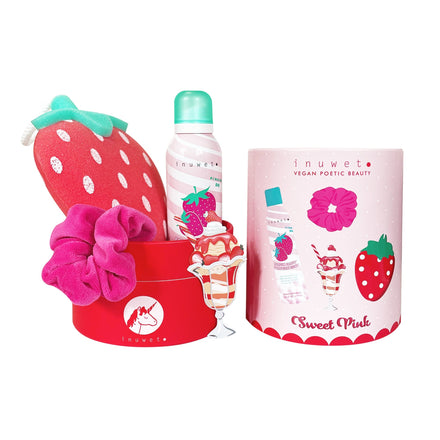 Inuwet badset Sweet Pink geopend met doucheschuim en accessoires
