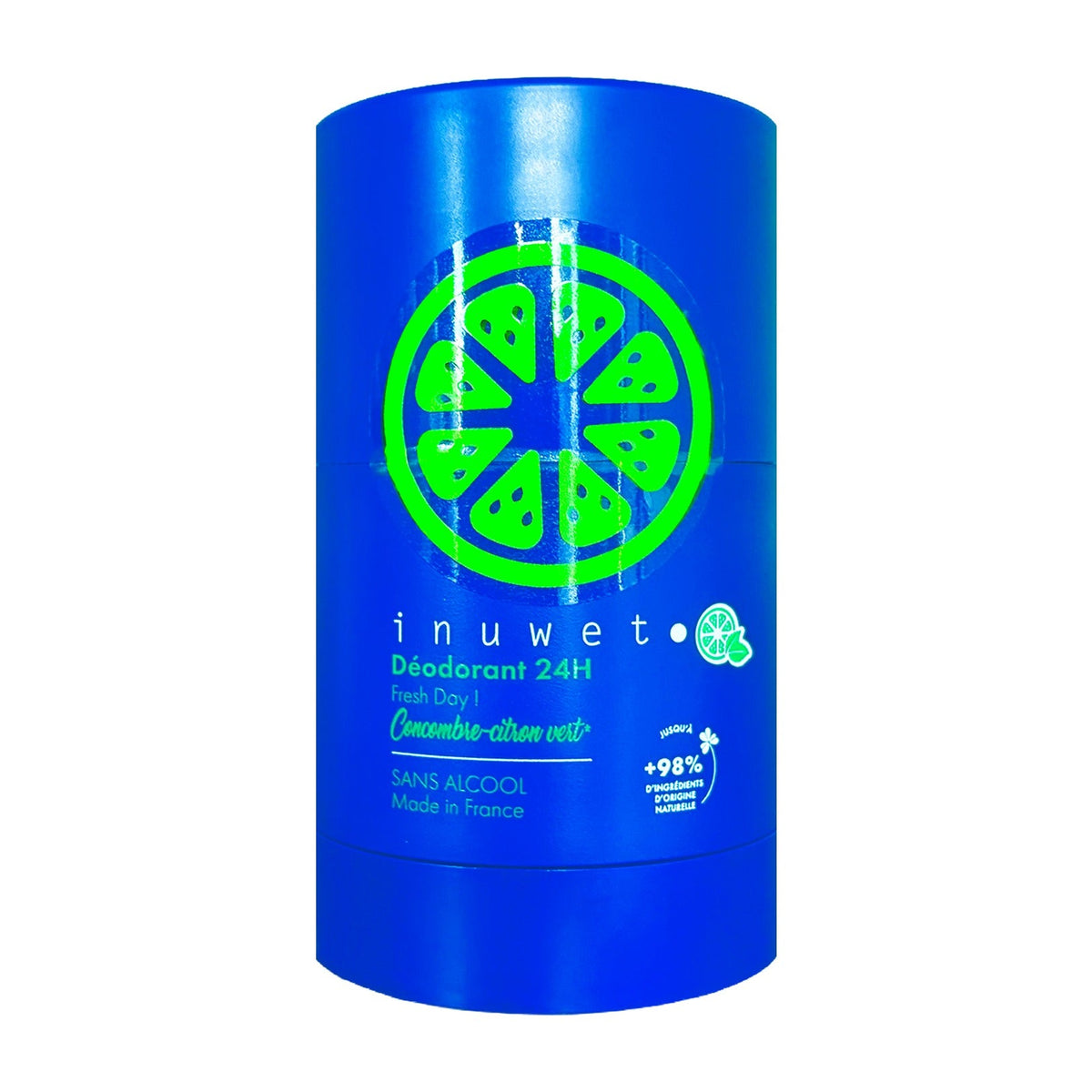 Inuwet deodorant Fresh Day komkommer limoen in blauwe verpakking op witte achtergrond