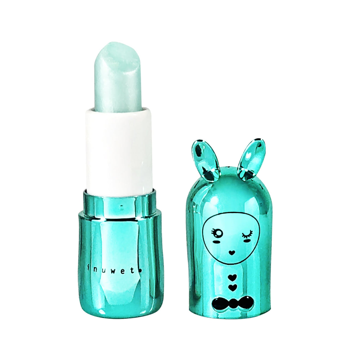 Inuwet lippenbalsem metal Cupcake in turquoise konijnenverpakking op witte achtergrond