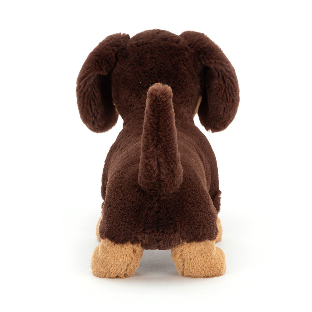 Jellycat Otto Sausage Dog knuffel, achteraanzicht met staartje