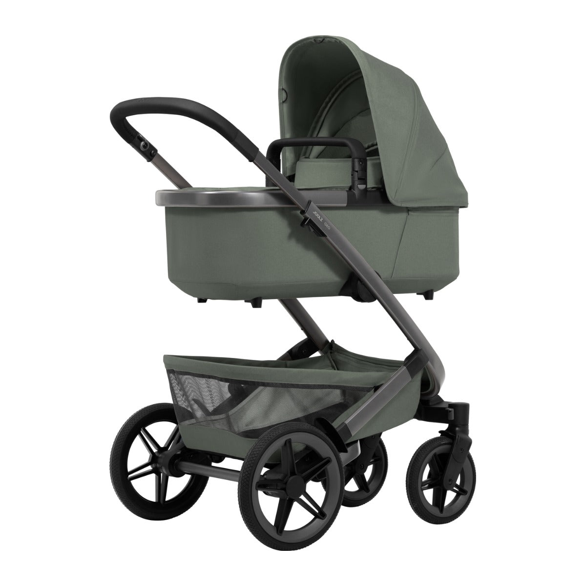 Joolz Kinderwagen Geo5 Complete Set Sage Green, zijaanzicht met de reiswieg