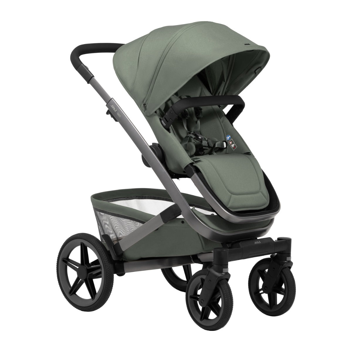 Joolz Kinderwagen Geo5 Complete Set Sage Green, zijaanzicht met de reiswieg