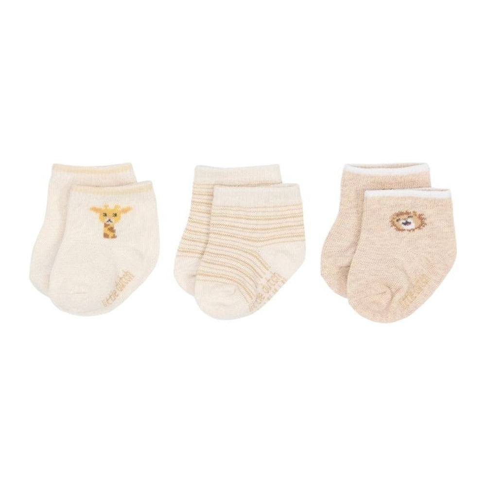 Little Dutch Safari Friends sokken 3-pack in zachte natuurtinten op witte achtergrond