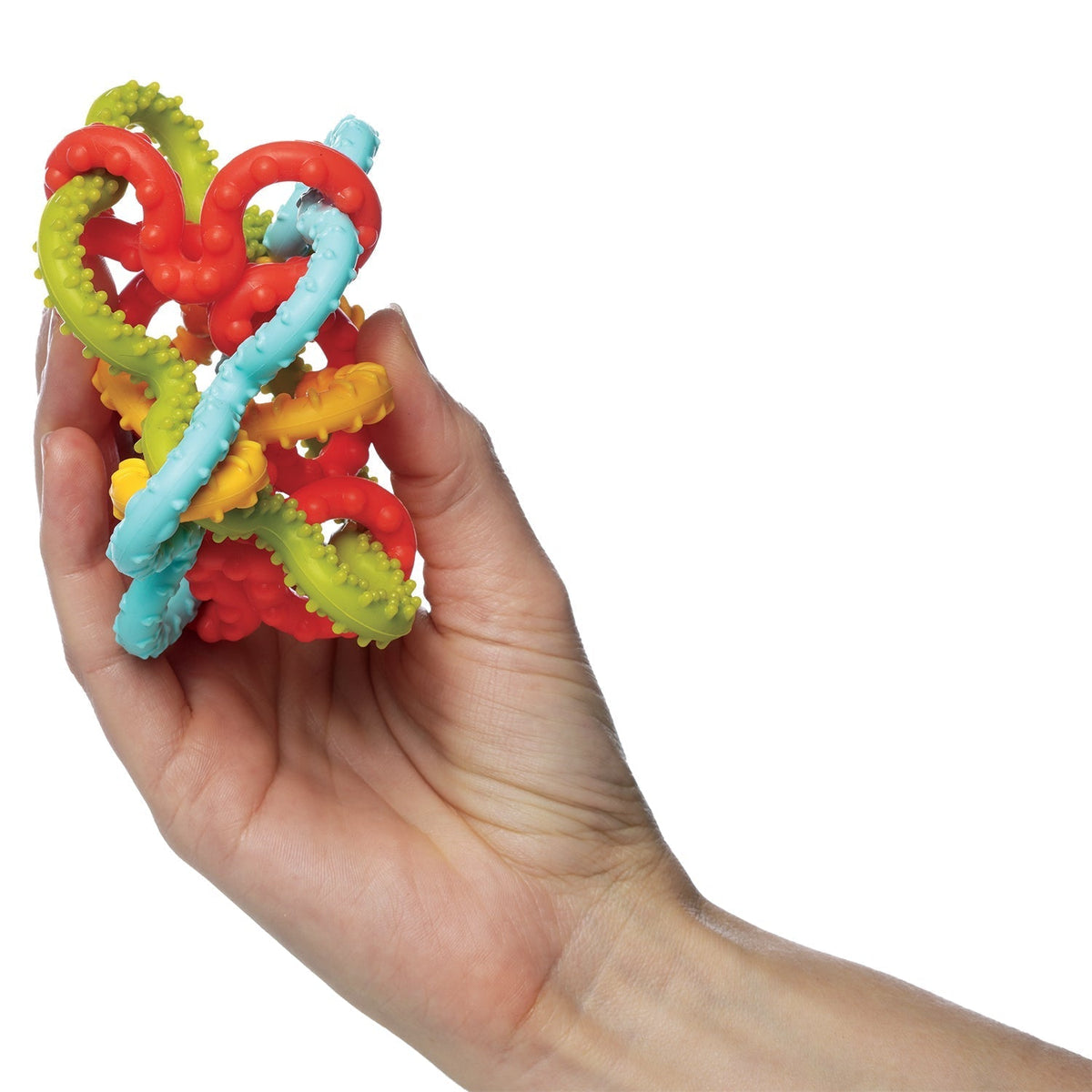 Manhattan Toy Squiggle Loops sensorisch speeltje met kleurrijke lussen op witte achtergrond