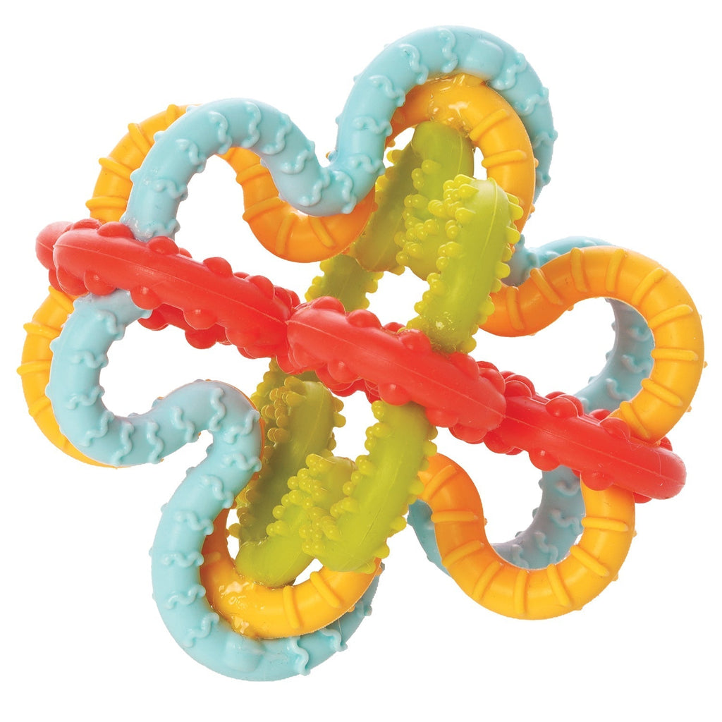 Manhattan Toy Squiggle Loops sensorisch speeltje van boven met rode, gele en blauwe lussen