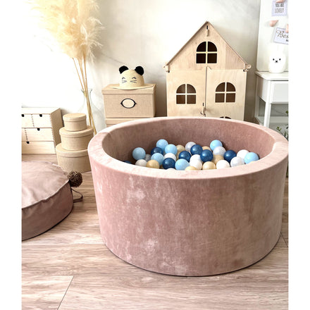 Moje ballenbad Soft Velvet dark beige met witte, parelmoer, champagne en blauwe ballen