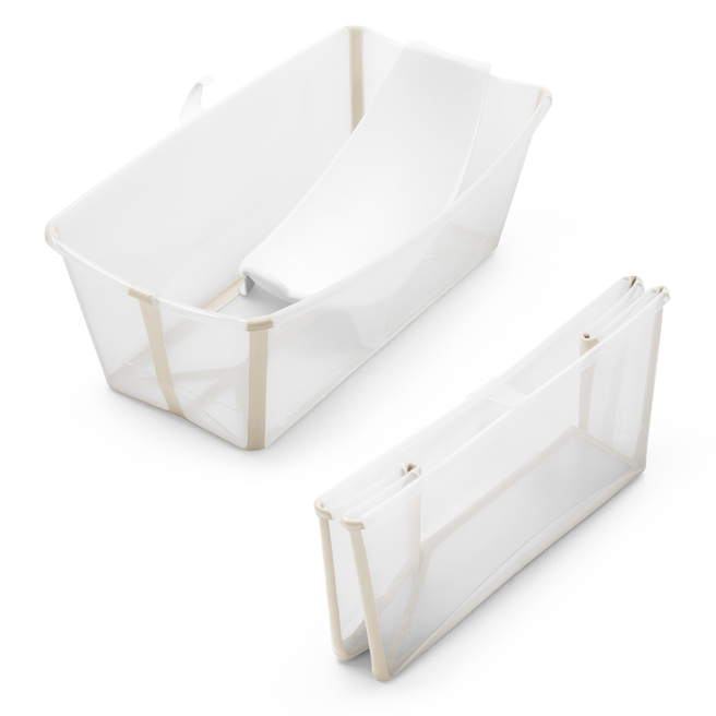 Stokke Flexi Bath Bundel Badje + Newborn Support Sandy Beige, packshot op witte achtergrond