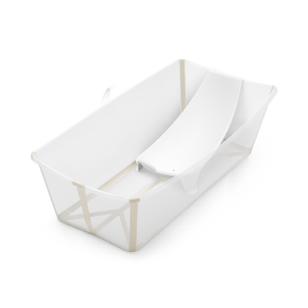 Stokke Flexi Bath XL Sandy Beige, productfoto op witte achtergrond, met Newborn Set