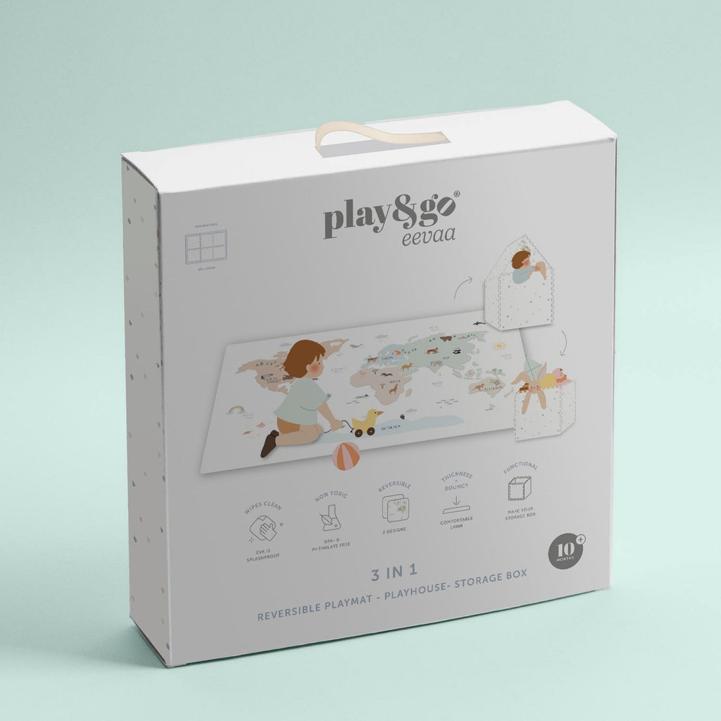 Play & Go EEVAA 2-In-1 Speeltapijt Puzzelmat & Opbergbox | Wereldkaart Kleur 120x180cm