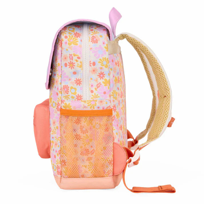 Hello Hossy rugzak Retro Flowers 2-5Y, zijkant met buitenvak voor drinkfles