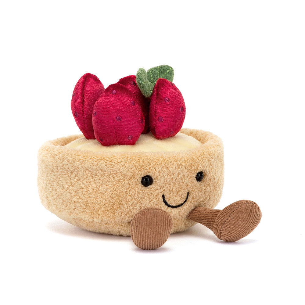 Jellycat Amuseables Fleurette Tarte Aux Fraises, vooraanzicht met aardbeien en gezichtje