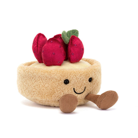 Jellycat Amuseables Fleurette Tarte Aux Fraises, vooraanzicht met aardbeien en gezichtje