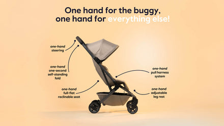Joolz Buggy Aer2 in gebruik, ouder vouwt de buggy met één hand op