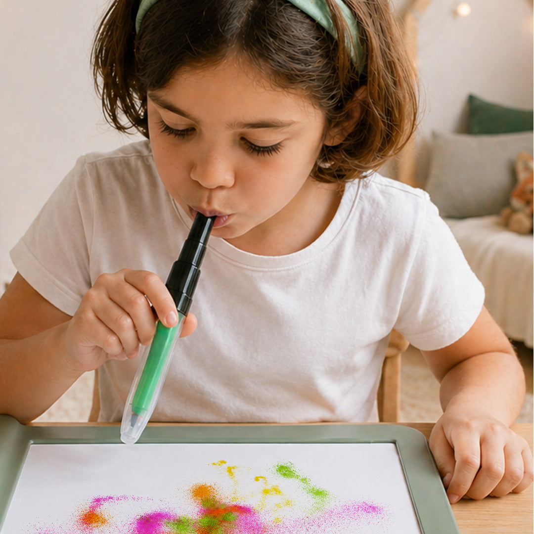 Kidywolf Kidydraw Kit blaaspennen, meisje blaast kleur op papier