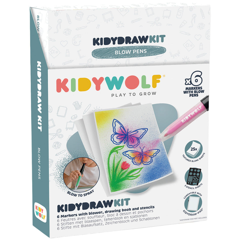 Kidywolf Kidydraw Kit Creatieve Set 6 Blaaspennen, de verpakking